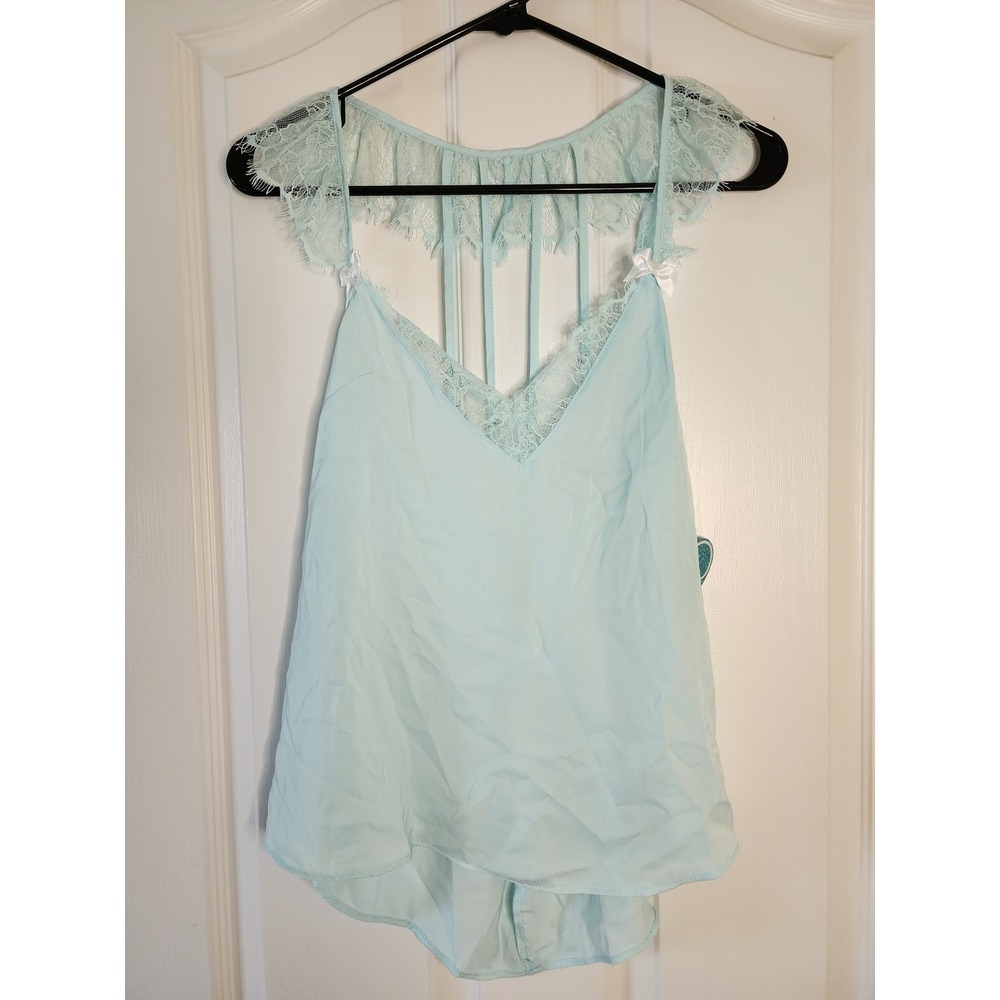 NWT Betsey Johnson Blue Aqua Lace Ruffle Cage Back Satin Camisole Top Small